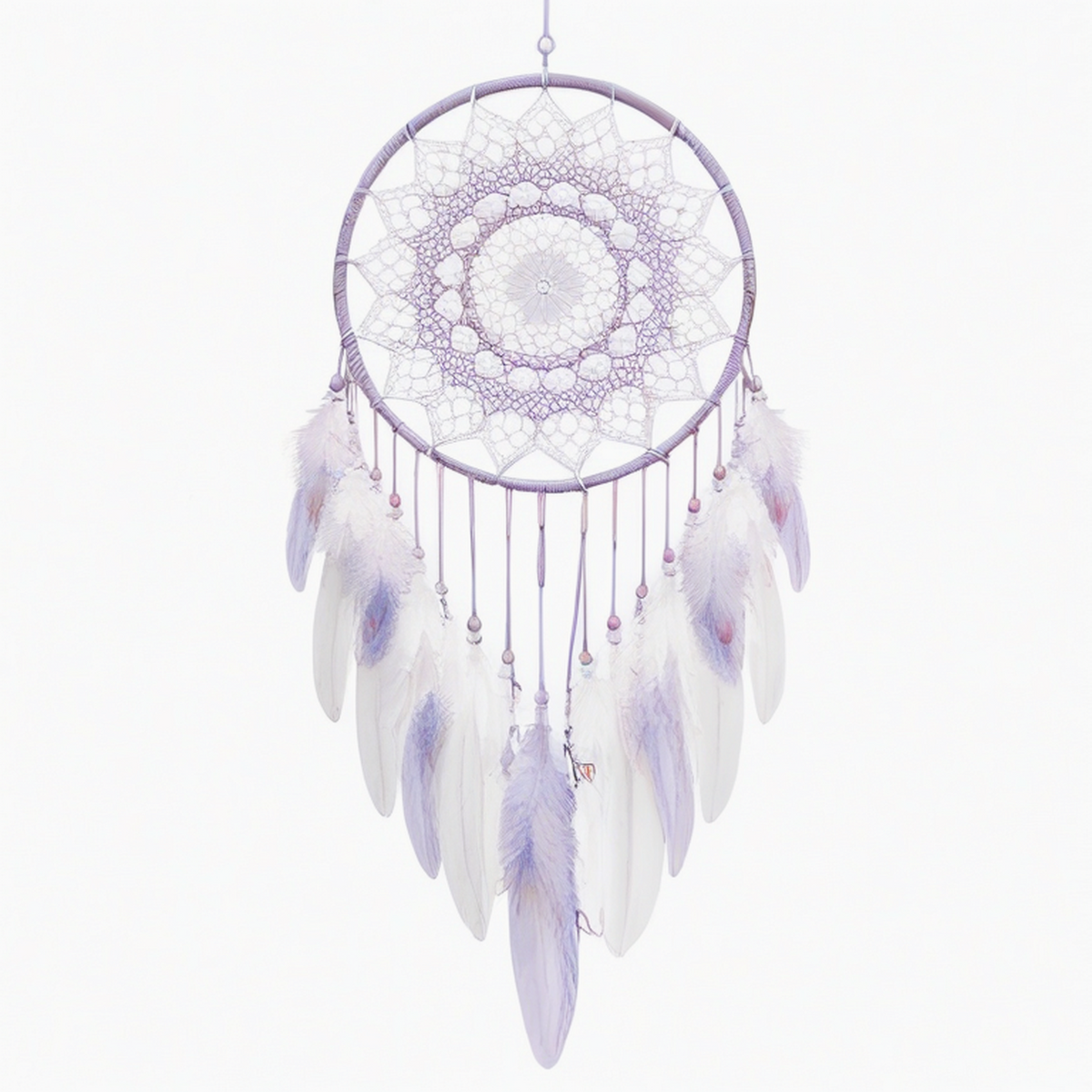 Attrape-rêves 40 x 90 cm en fils textiles violet et blanc style bohème à suspendre