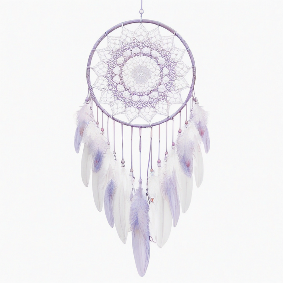 Attrape-rêves 40 x 90 cm en fils textiles violet et blanc style bohème à suspendre