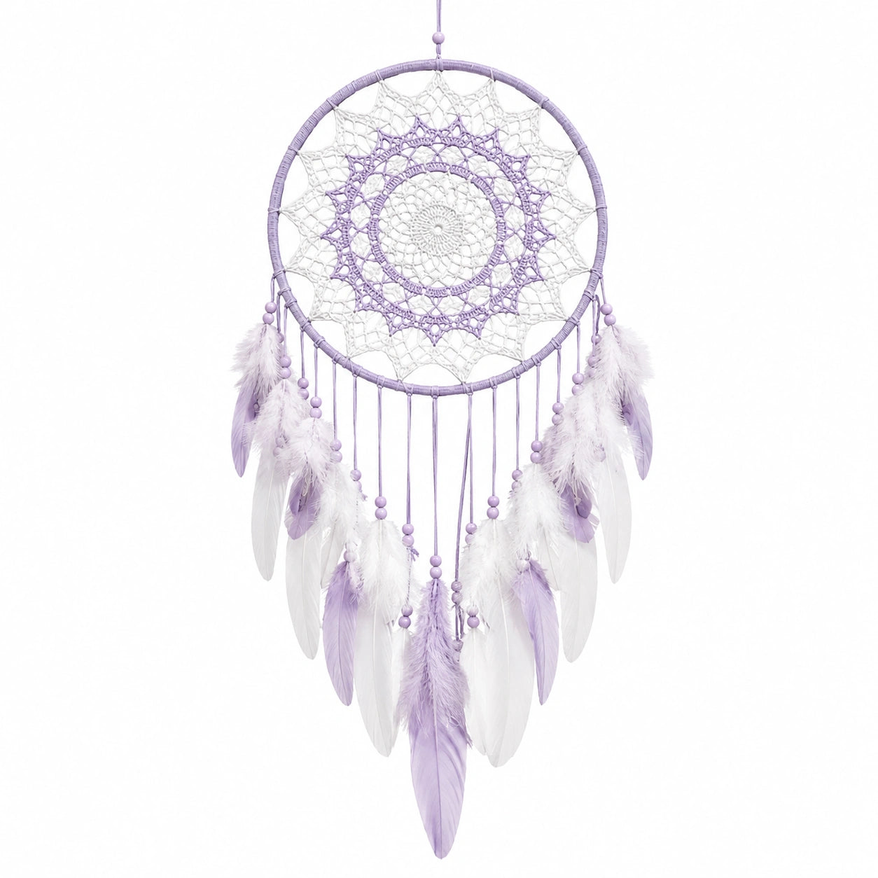 Attrape-rêves 40 x 90 cm en fils textiles violet et blanc style bohème à suspendre