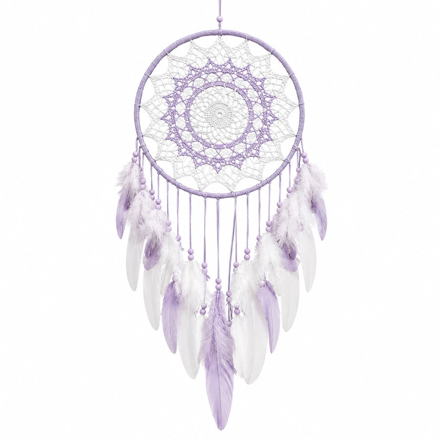 Attrape-rêves 40 x 90 cm en fils textiles violet et blanc style bohème à suspendre