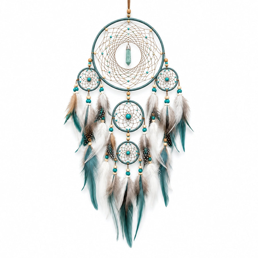 Décoration murale suspendue 45 x 100 cm en corde et plumes vert canard style bohème