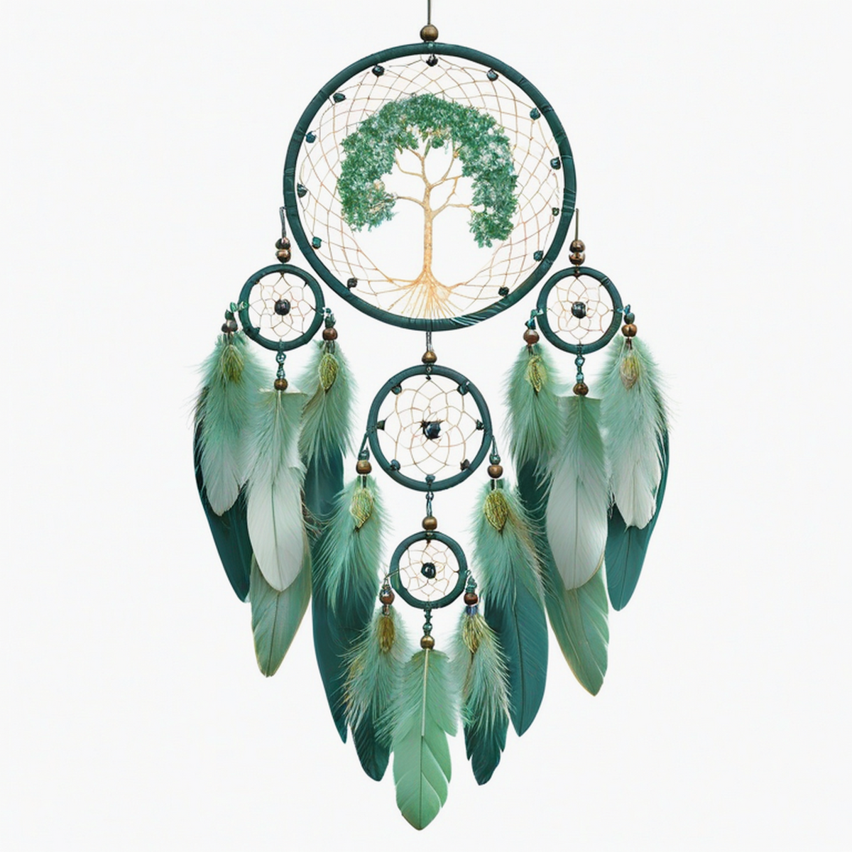 Suspension décorative attrape rêves 30 x 70 cm en plumes vertes style bohème