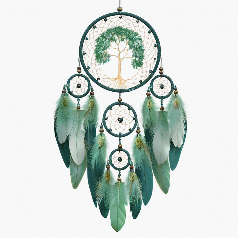 Suspension décorative attrape rêves 30 x 70 cm en plumes vertes style bohème
