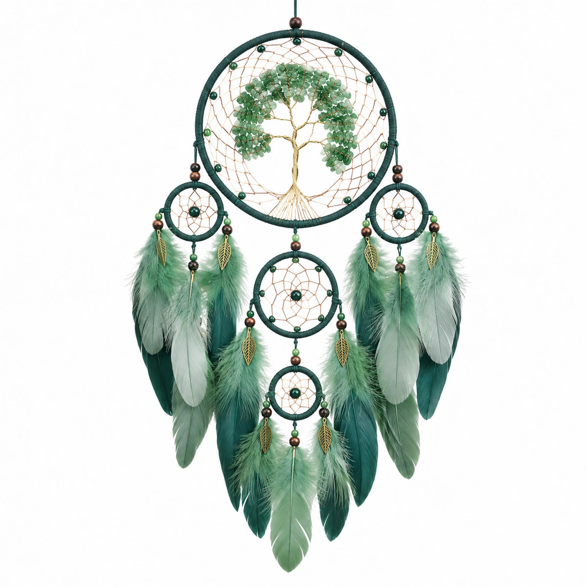 Suspension décorative attrape rêves 30 x 70 cm en plumes vertes style bohème