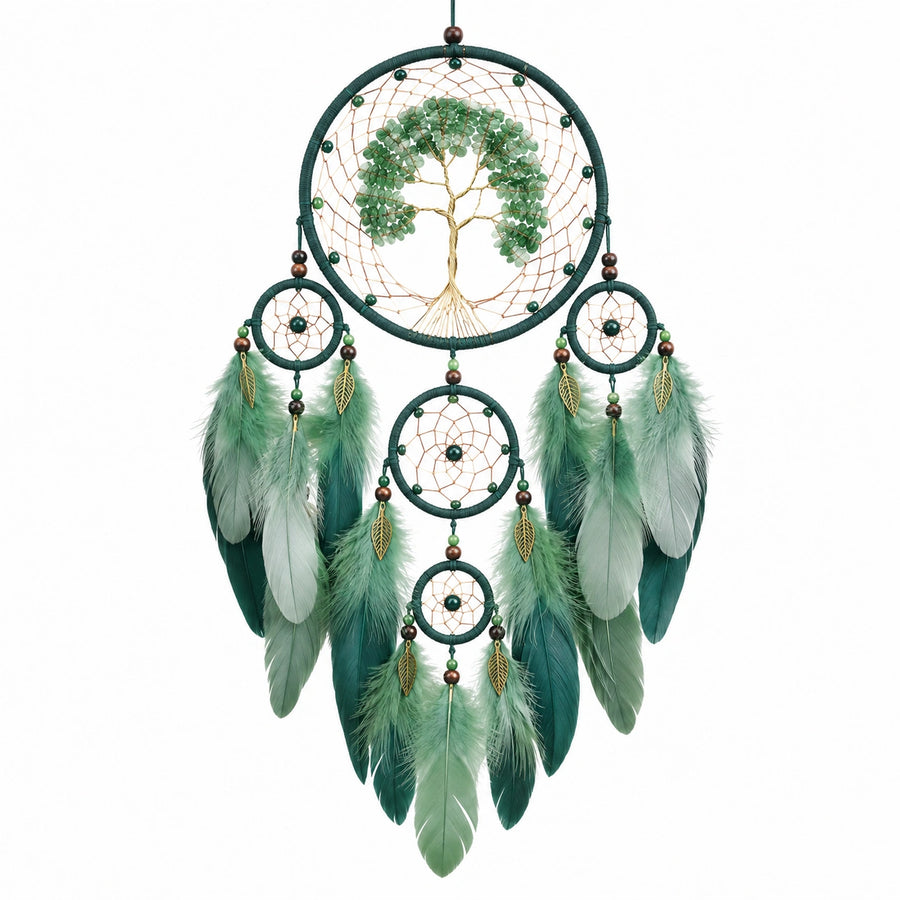 Suspension décorative attrape rêves 30 x 70 cm en plumes vertes style bohème