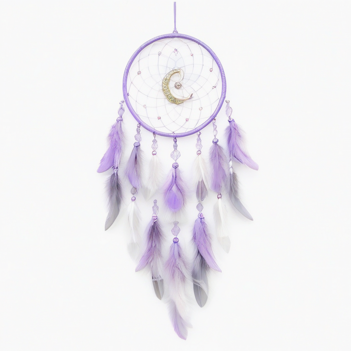 Attrape-rêves 20 x 65 cm violet en fil tressé avec plumes style lunaire à suspendre