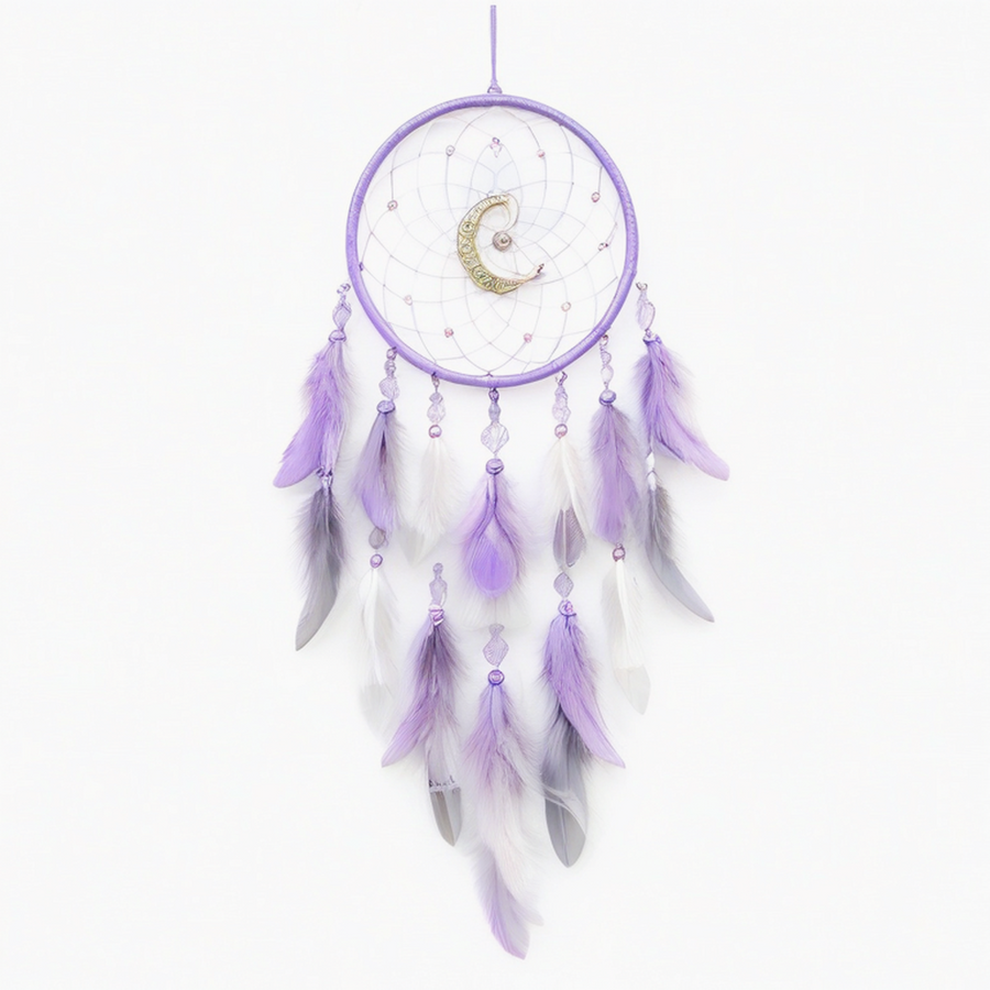 Attrape-rêves 20 x 65 cm violet en fil tressé avec plumes style lunaire à suspendre