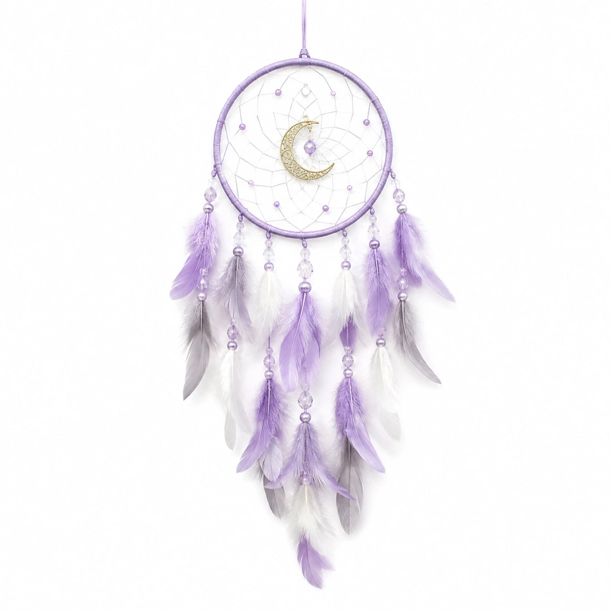 Attrape-rêves 20 x 65 cm violet en fil tressé avec plumes style lunaire à suspendre