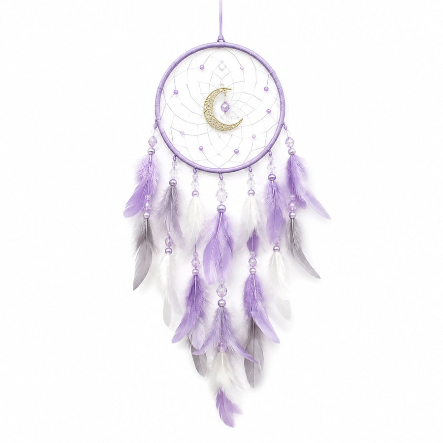 Attrape-rêves 20 x 65 cm violet en fil tressé avec plumes style lunaire à suspendre