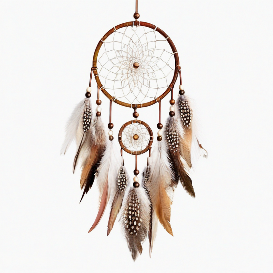 Attrape-rêves mural 30 x 70 cm brun et blanc en fibres tressées avec plumes décoratives