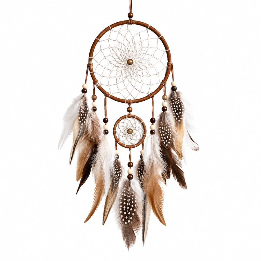 Attrape-rêves mural 30 x 70 cm brun et blanc en fibres tressées avec plumes décoratives