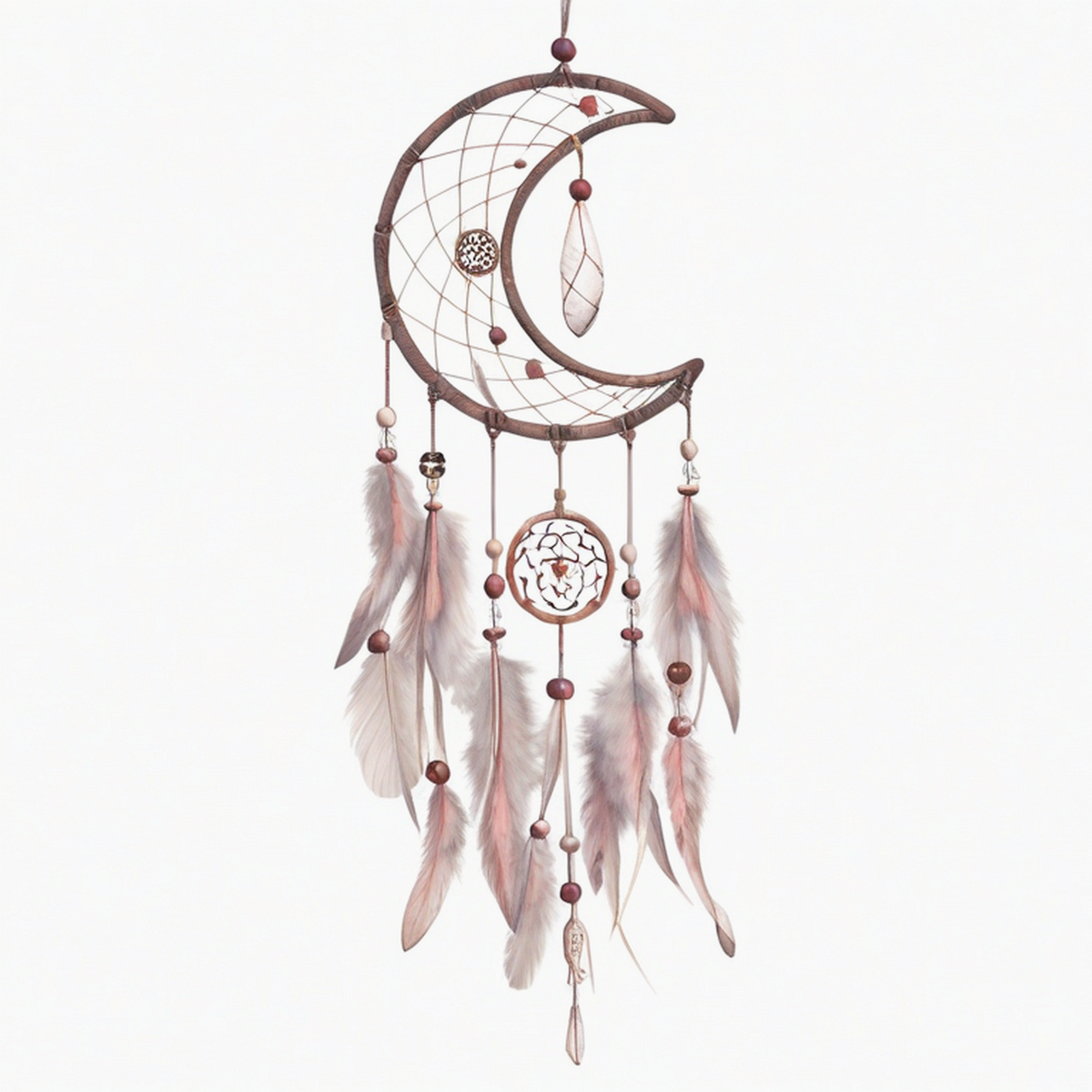 Attrape-rêves lune 30 x 85 cm en corde textile rose et marron style bohème suspendu