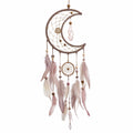 Attrape-rêves lune 30 x 85 cm en corde textile rose et marron style bohème suspendu
