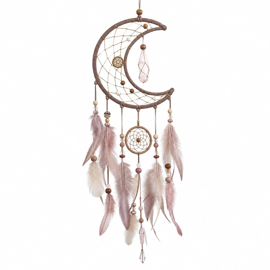 Attrape-rêves lune 30 x 85 cm en corde textile rose et marron style bohème suspendu