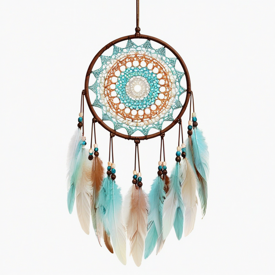 Attrape-rêves mural 30 x 65 cm en fibres textiles turquoise beige et marron style bohème