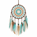 Attrape-rêves mural 30 x 65 cm en fibres textiles turquoise beige et marron style bohème