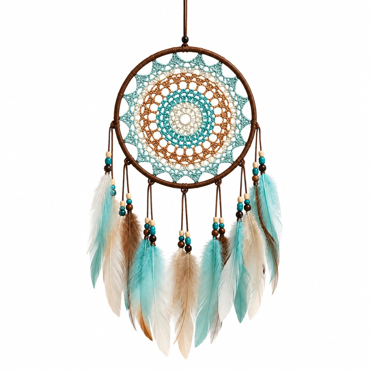 Attrape-rêves mural 30 x 65 cm en fibres textiles turquoise beige et marron style bohème