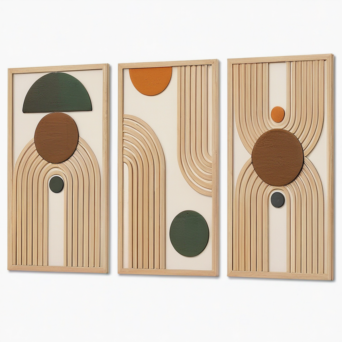 Tableaux muraux décoratifs 40 x 100 cm en bois beige marron vert - triptyque relief géométrique