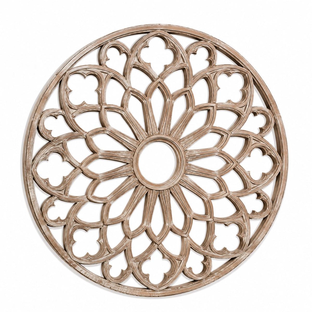 Décoration murale ronde 80 cm en bois beige sculpté style ajouré