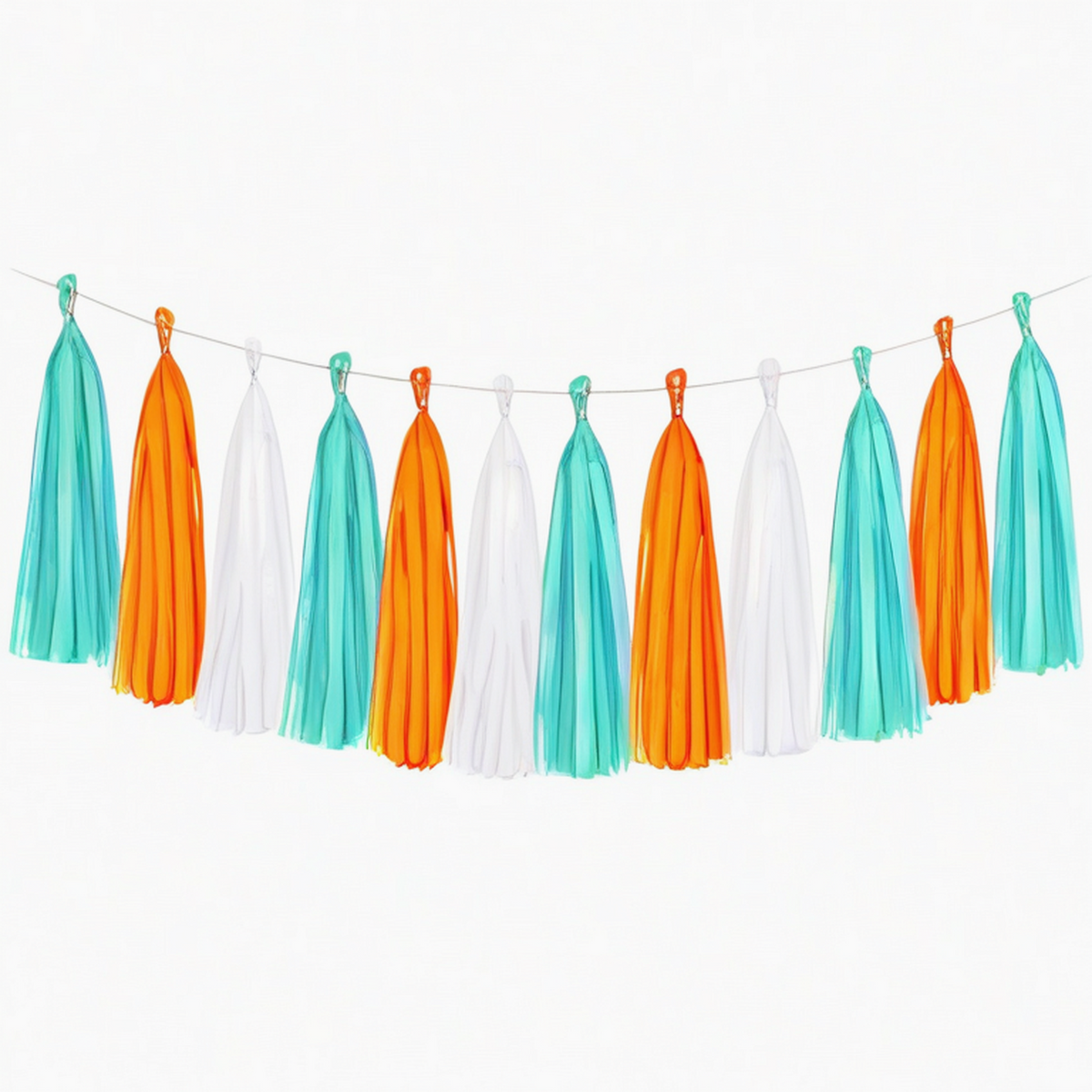 Guirlande à pompons 300 x 35 cm en papier de soie turquoise orange blanc - décoration suspendue festive