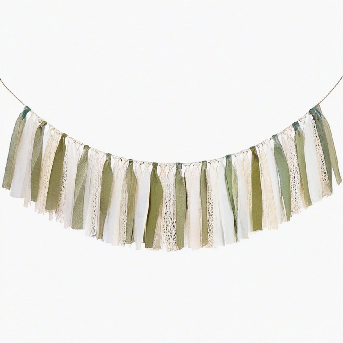 Guirlande décorative 150 x 45 cm en tissu vert sauge et blanc style bohème