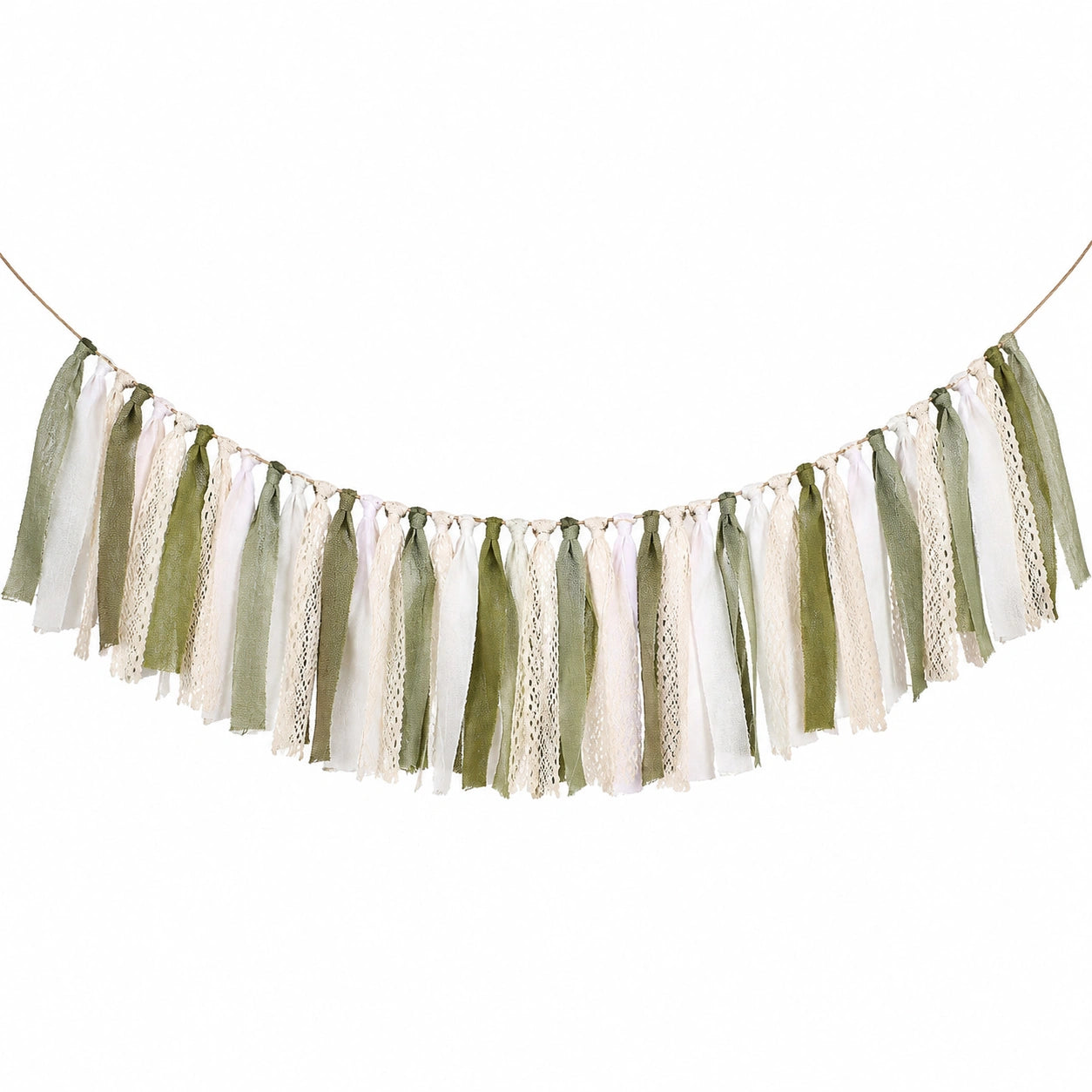 Guirlande décorative 150 x 45 cm en tissu vert sauge et blanc style bohème