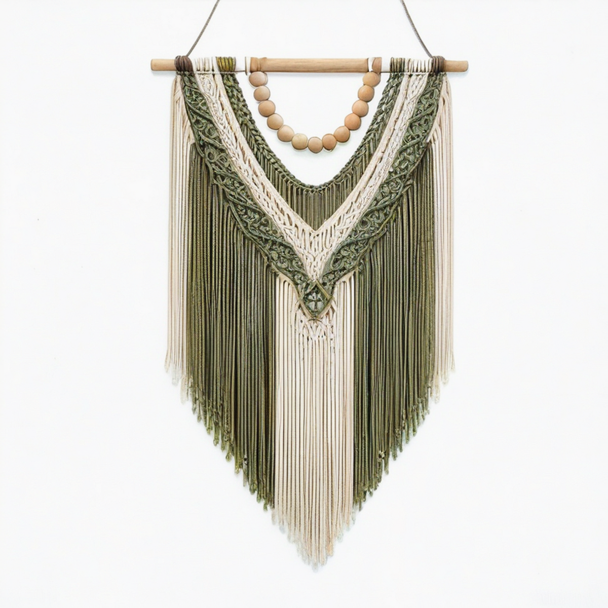 Tenture murale macramé 50 x 90 cm coton vert et beige style bohème