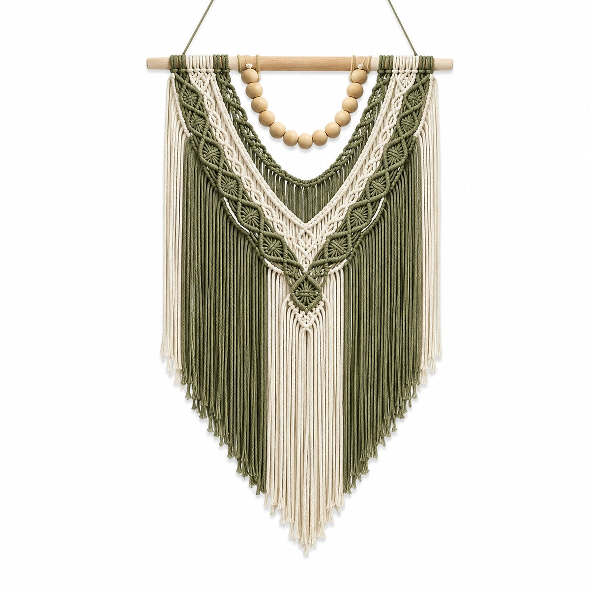 Tenture murale macramé 50 x 90 cm coton vert et beige style bohème