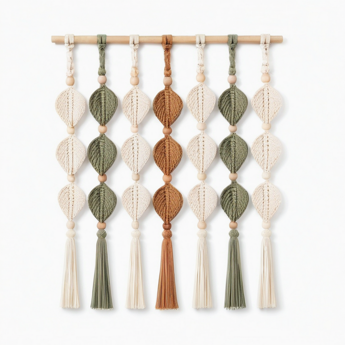 Décoration murale en macramé 70 x 85 cm coton et bois écru vert sauge terracotta style bohème