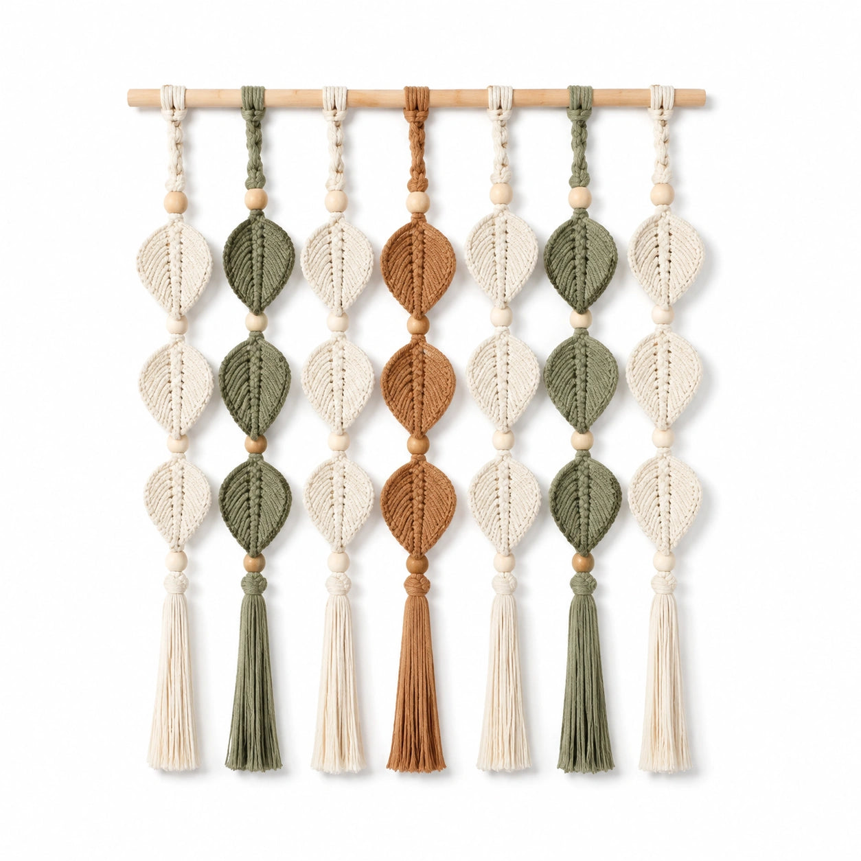 Décoration murale en macramé 70 x 85 cm coton et bois écru vert sauge terracotta style bohème