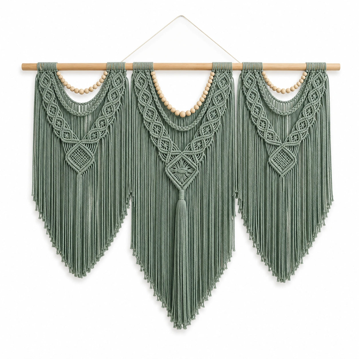 Décoration murale macramé 110 x 105 cm coton vert sauge avec barre en bois style bohème