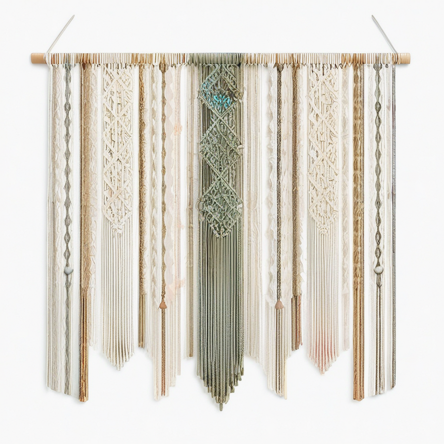 Tenture murale macramé 100 x 105 cm en coton vert beige et écru style bohème