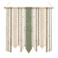 Tenture murale macramé 100 x 105 cm en coton vert beige et écru style bohème