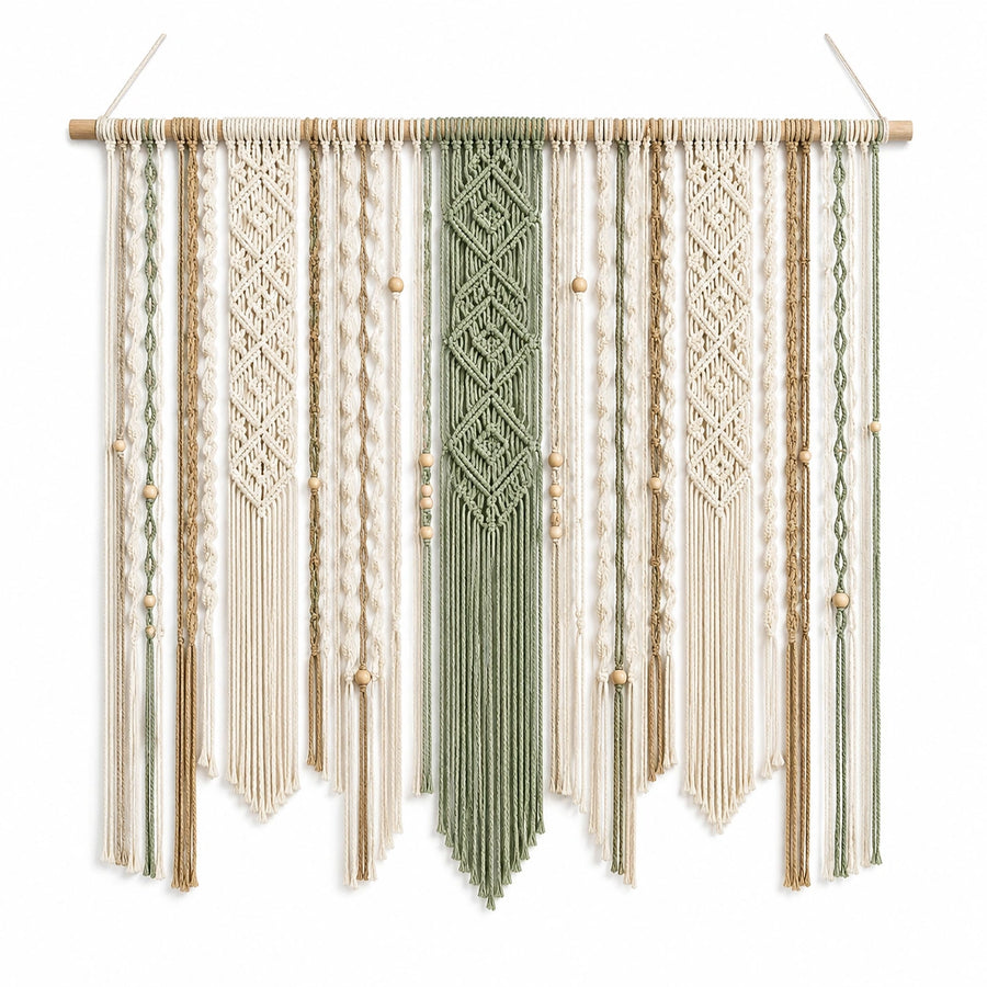 Tenture murale macramé 100 x 105 cm en coton vert beige et écru style bohème