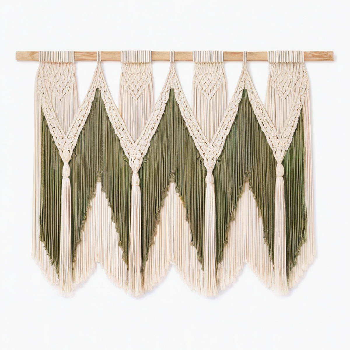 Tapisserie murale en macramé 120 x 95 cm coton beige et vert avec barre en bois style bohème