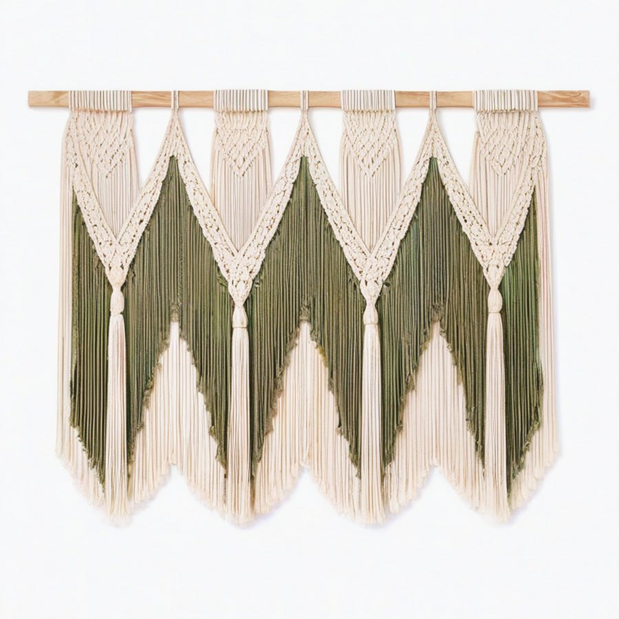 Tapisserie murale en macramé 120 x 95 cm coton beige et vert avec barre en bois style bohème