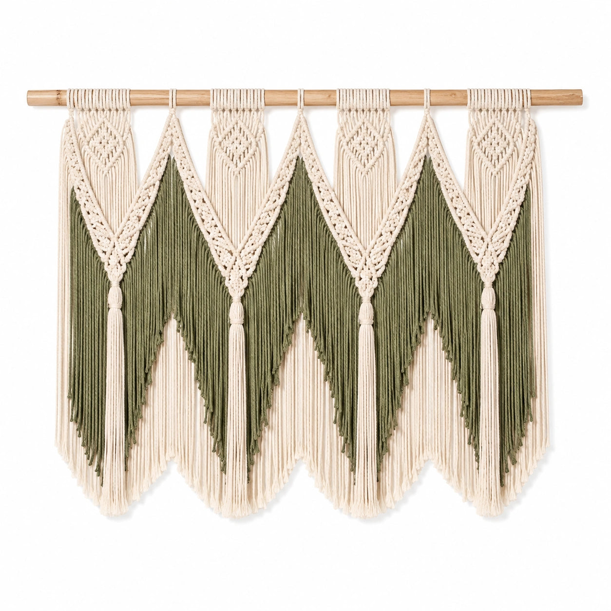 Tapisserie murale en macramé 120 x 95 cm coton beige et vert avec barre en bois style bohème