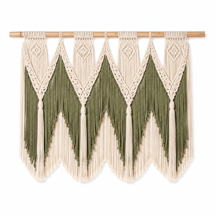 Tapisserie murale en macramé 120 x 95 cm coton beige et vert avec barre en bois style bohème