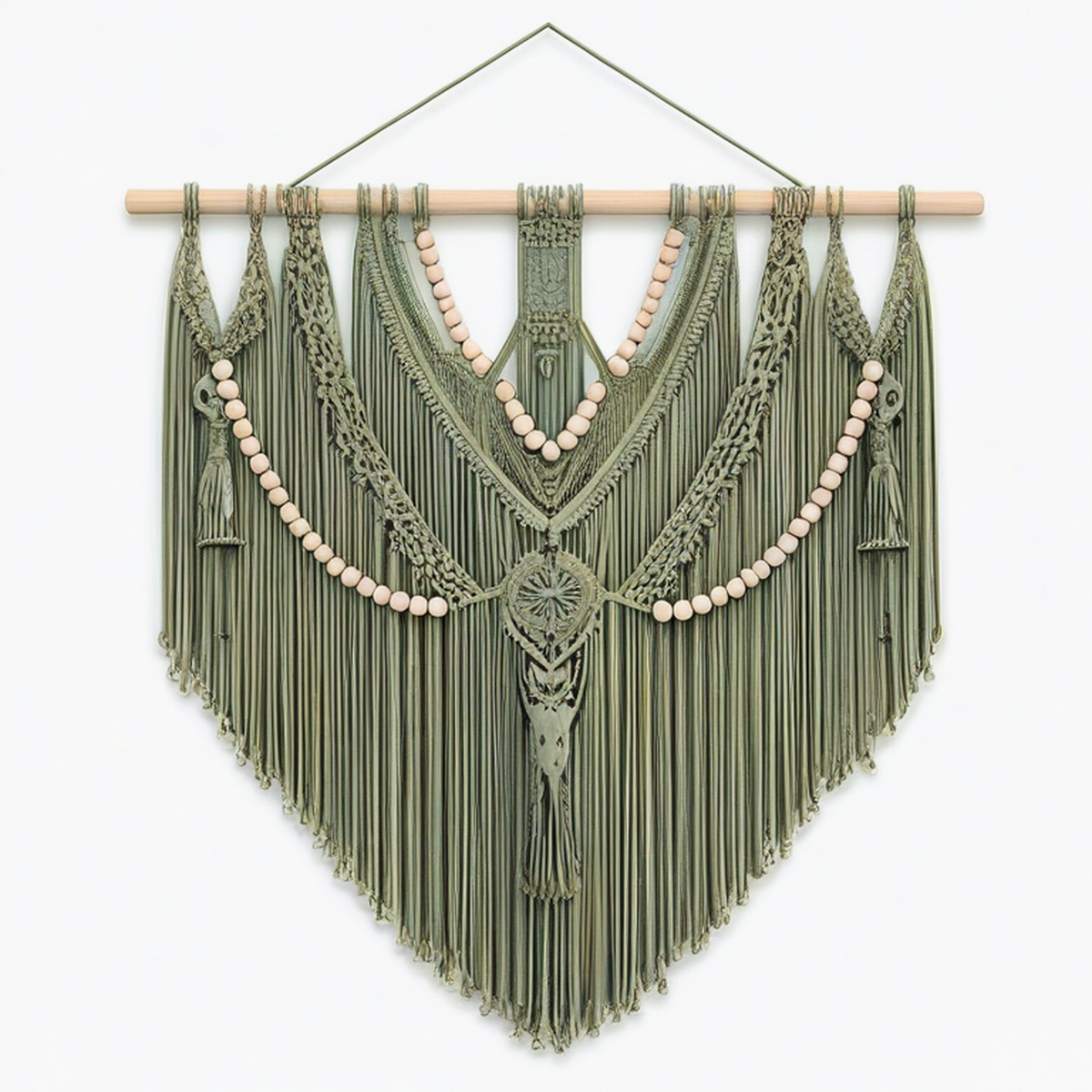 Tenture murale macramé 90 x 100 cm vert sauge en corde textile avec franges style bohème