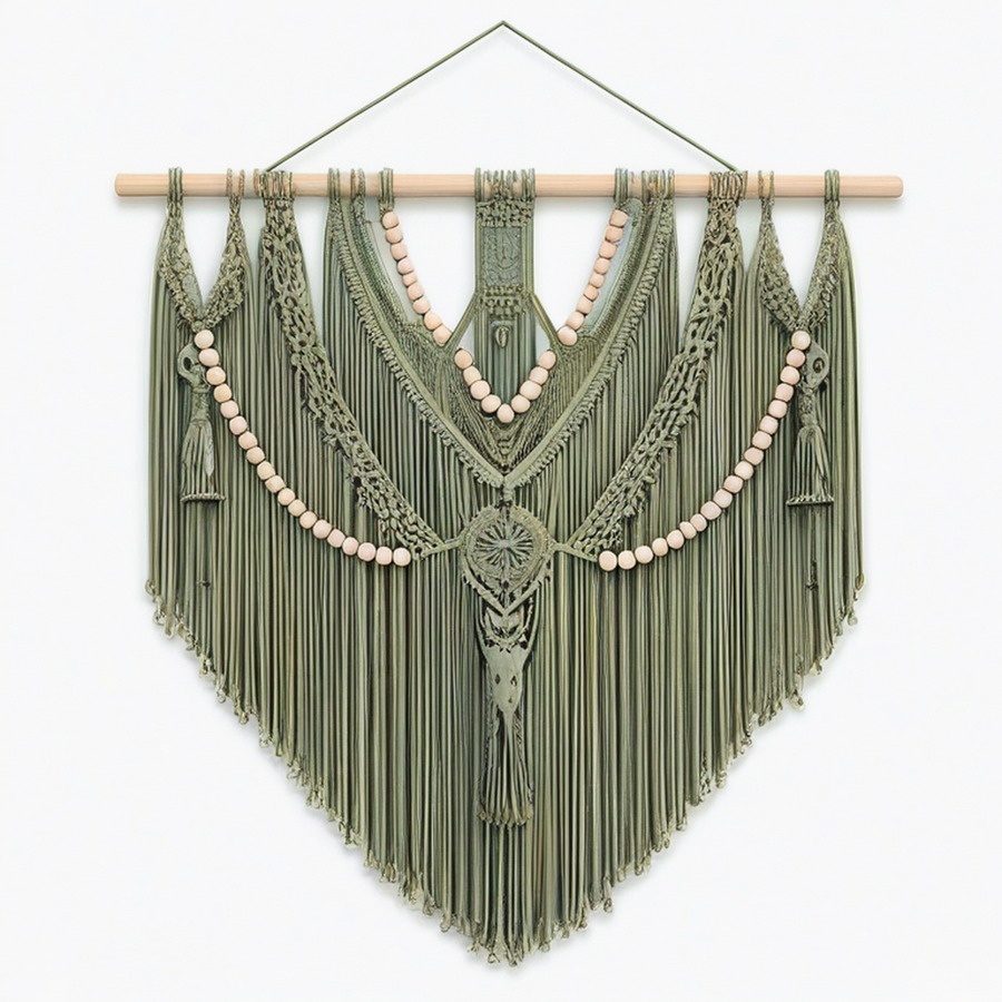 Tenture murale macramé 90 x 100 cm vert sauge en corde textile avec franges style bohème