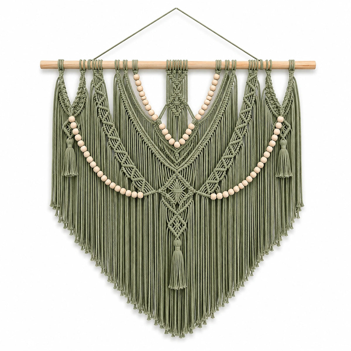 Tenture murale macramé 90 x 100 cm vert sauge en corde textile avec franges style bohème