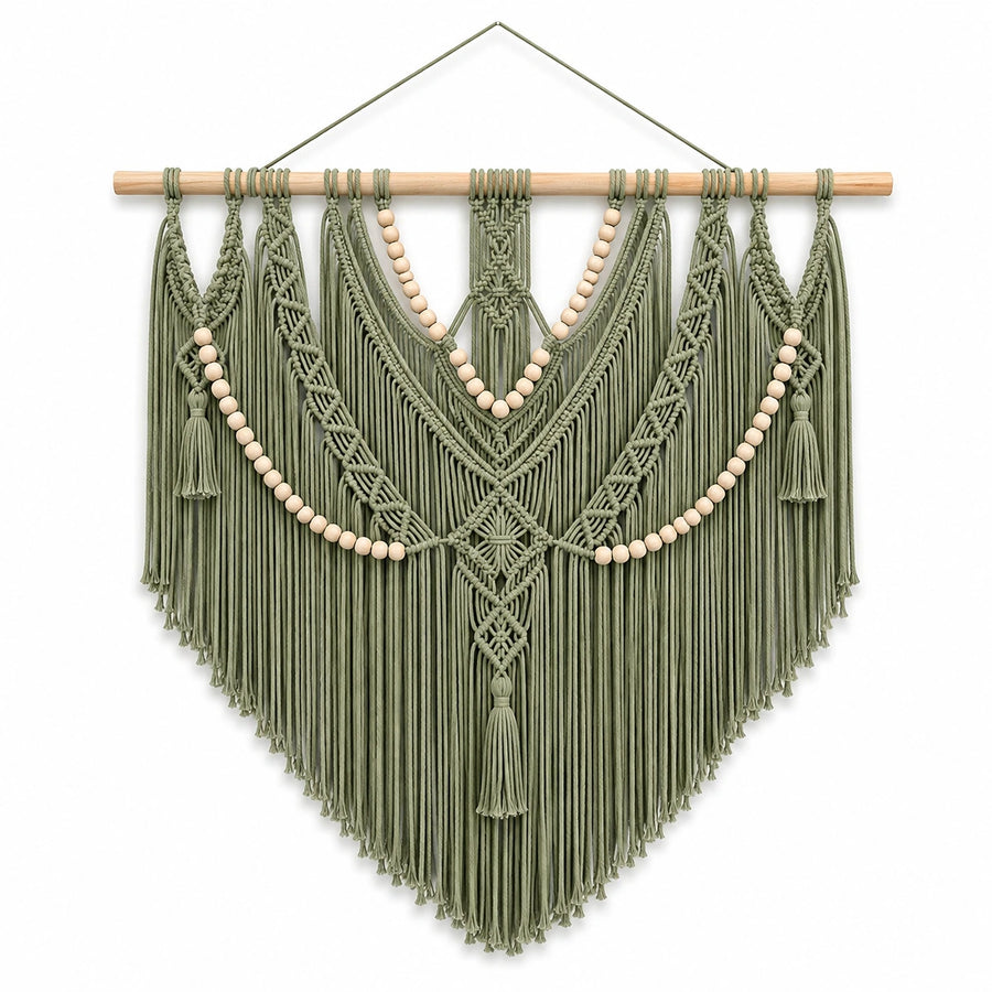 Tenture murale macramé 90 x 100 cm vert sauge en corde textile avec franges style bohème