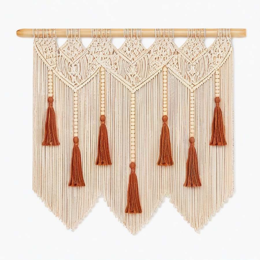 Tenture murale macramé 110 x 100 cm en coton beige et marron style bohème