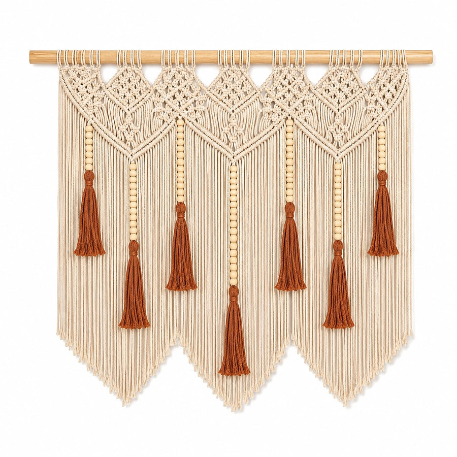 Tenture murale macramé 110 x 100 cm en coton beige et marron style bohème