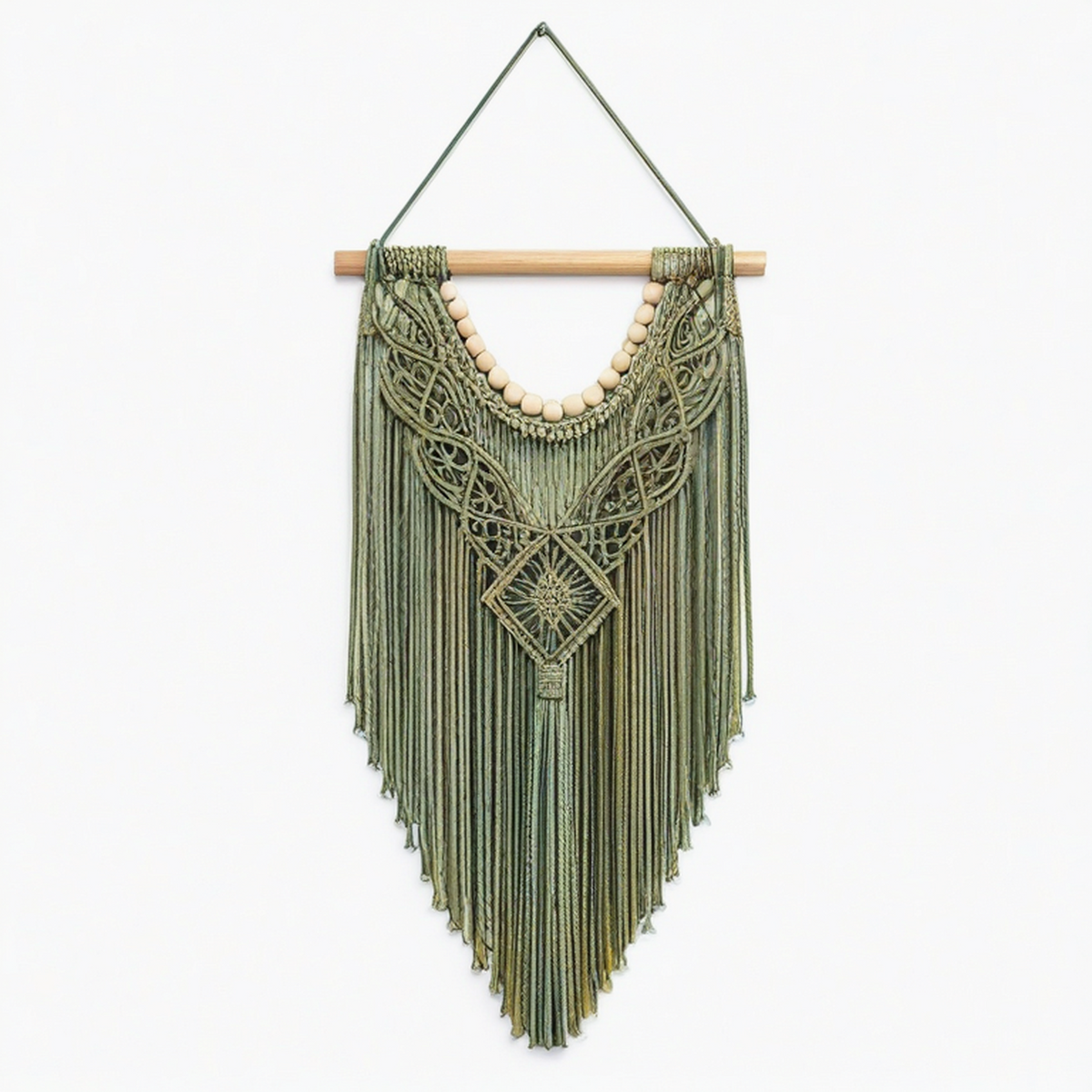 Tenture murale macramé 50 cm x 90 cm en coton vert style bohème