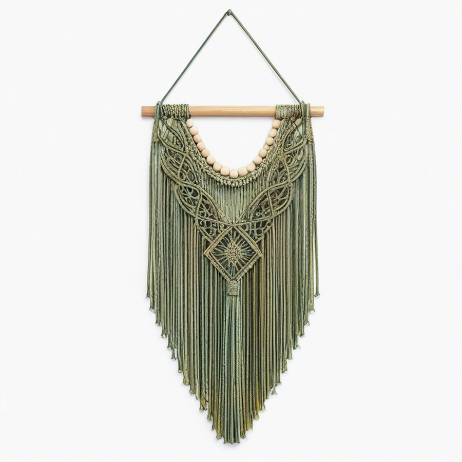 Tenture murale macramé 50 cm x 90 cm en coton vert style bohème
