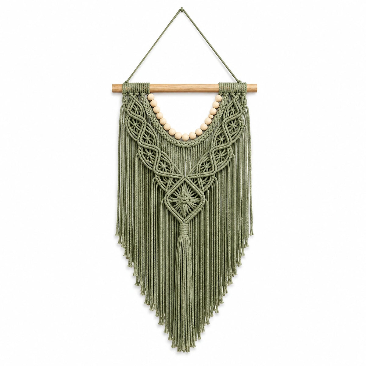 Tenture murale macramé 50 cm x 90 cm en coton vert style bohème