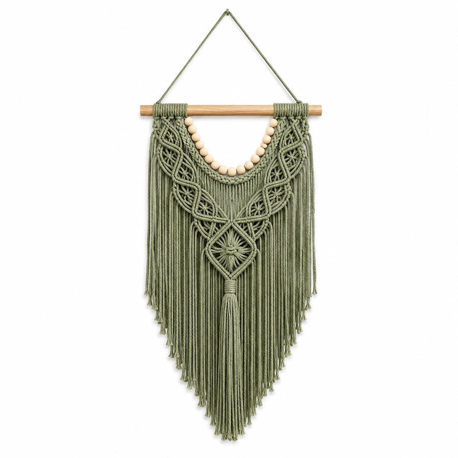 Tenture murale macramé 50 cm x 90 cm en coton vert style bohème