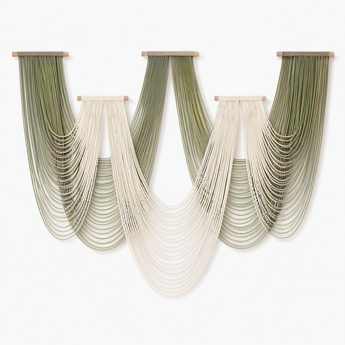 Lot de 4 tentures murales 70 x 110 cm en corde textile vert sauge et écru style bohème