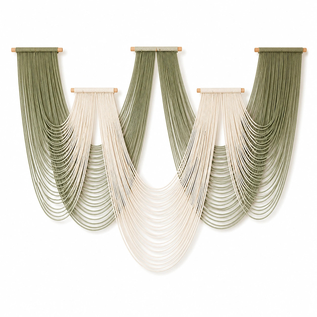 Lot de 4 tentures murales 70 x 110 cm en corde textile vert sauge et écru style bohème